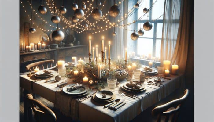 A rustic dining table with soft natural light, candles, and string lights creating an inviting, intimate atmosphere.