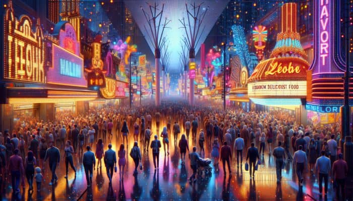 A vibrant Las Vegas street scene at night with diverse groups sharing stories and tips amidst neon lights and hidden culinary gems.