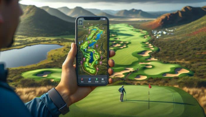 Golfer using smartphone app with detailed map of South African golf course, showcasing diverse terrains and strategic planning.