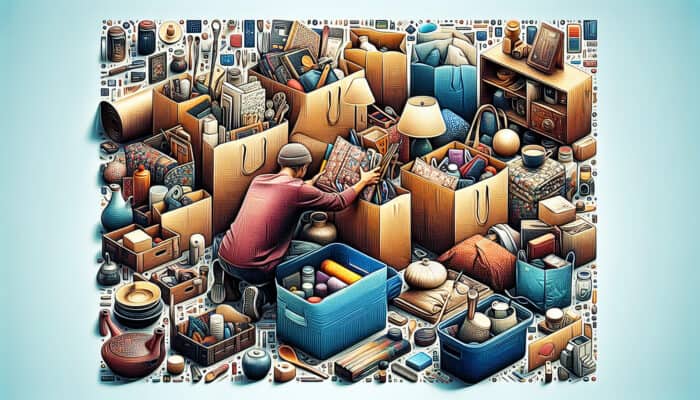 Person packing household items into categorized, labeled reusable bags during house clearance, using smaller bags for heavier items and flattening clothes.