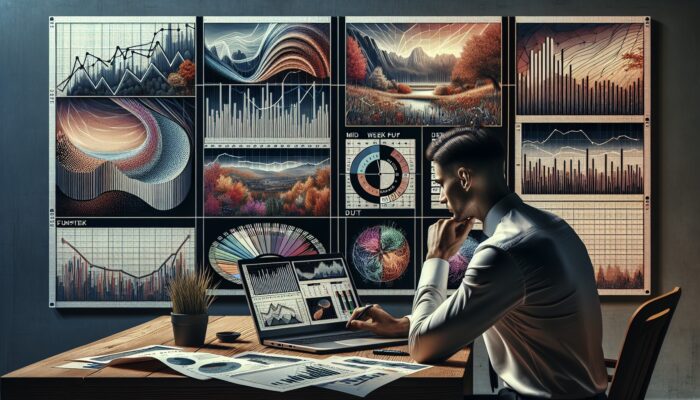 Person using laptop to assess market trends, calendar showing mid-week dates circled, seasonal landscapes in background.