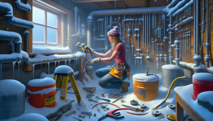 A plumber in Whistler working on pipe insulation and drainage in a snowy basement to prevent leaks.