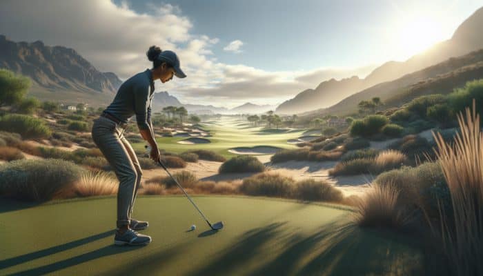 A golfer adjusting stance and grip on a South African course for a cut shot amidst varied terrain.