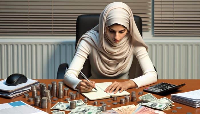 Person at desk writing financial goals for debt consolidation, surrounded by bills.