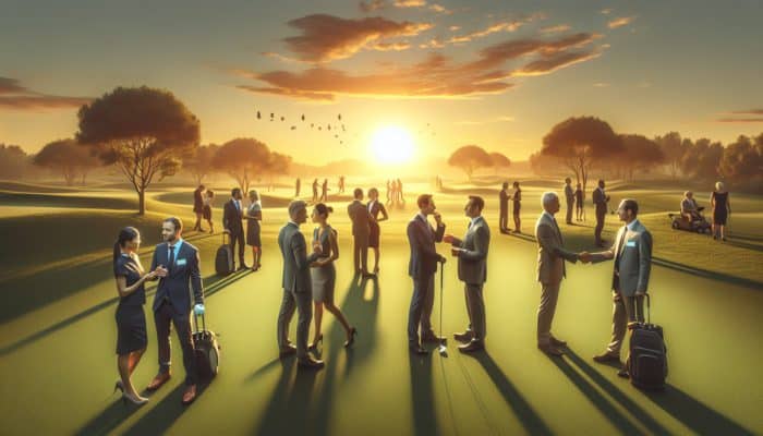 A serene golf course at sunset where business professionals network and exchange business cards.