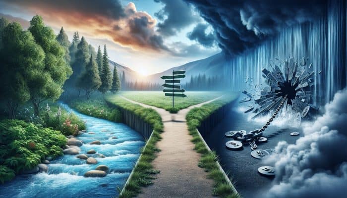A person at a crossroads: one path to a clear river for debt consolidation, the other to a broken chain in a stormy landscape for debt forgiveness.