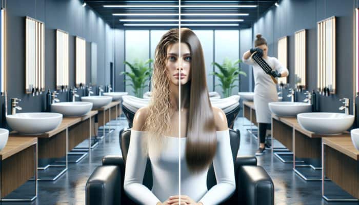 Woman receiving deep conditioning treatment in salon, showing hair transformation from dull to vibrant.