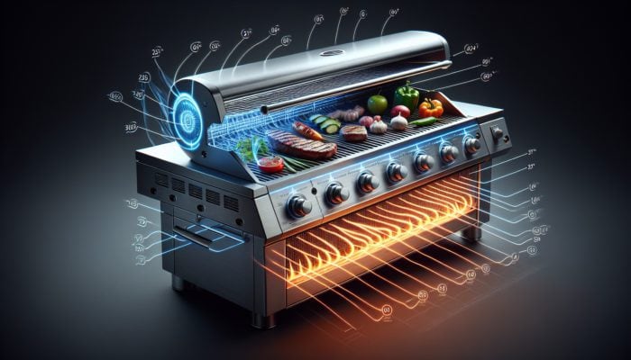 A stainless steel grill with linear and circular burner setups cooking meats and vegetables.