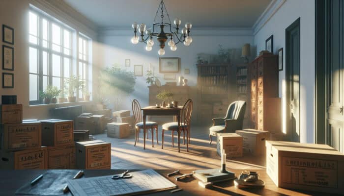A serene home interior with organized boxes and vintage furniture, bathed in soft morning light, with a checklist and calendar.
