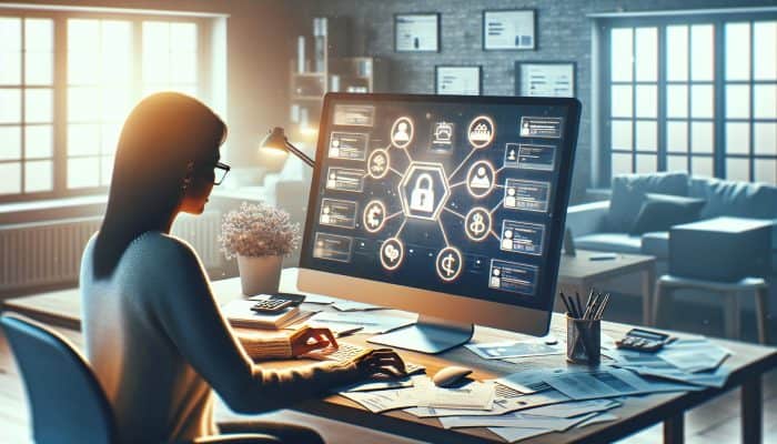 Person researching debt consolidation loans on laptop, surrounded by financial documents in a home office.