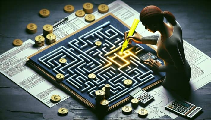 Person reviewing financial document, highlighting sections, surrounded by coins and calculators on desk.