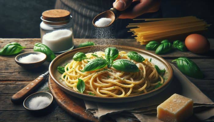Al dente pasta with olive oil, basil, and parmesan on a rustic table, chef adding salt.