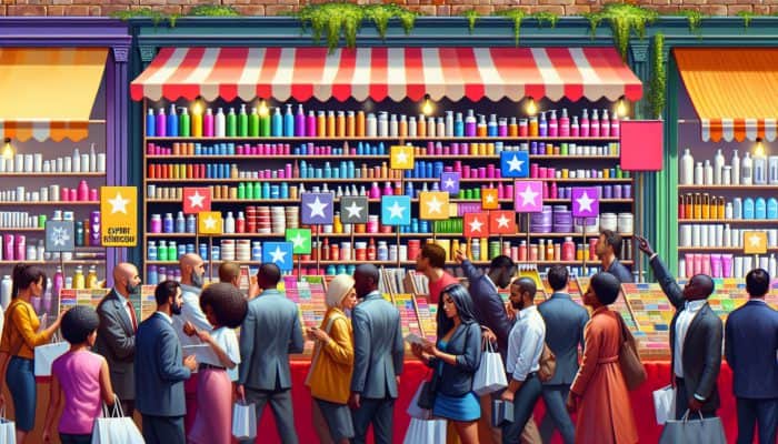 A vibrant UK marketplace stall with affordable hair products, expert recommendations, and diverse customers browsing.