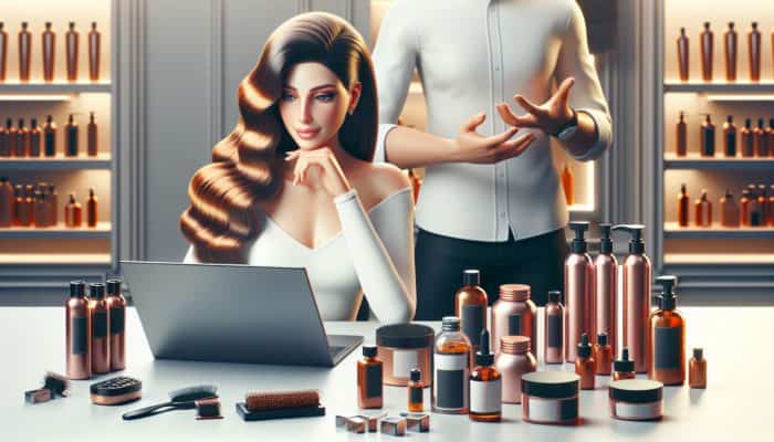 Person with healthy hair using laptop to view hair care blogs and tutorials, with stylist and products in salon.