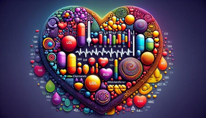 Infographic showing ideal cholesterol levels with charts on a heart-shaped background.