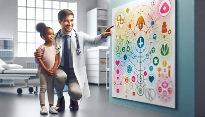 A medical chart with child-friendly illustrations showing safe dosages, a doctor pointing and smiling at a young patient.