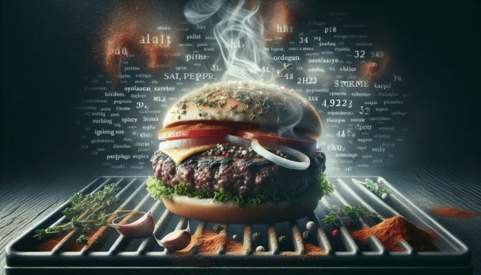 Gourmet burger on grill with salt, pepper, oregano, thyme, garlic powder, smoked paprika, and Cajun spice, steaming.