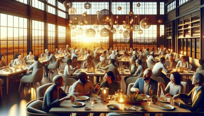 Interior of Empangeni Country Club clubhouse, warm lighting, diverse groups enjoying local and international cuisine.