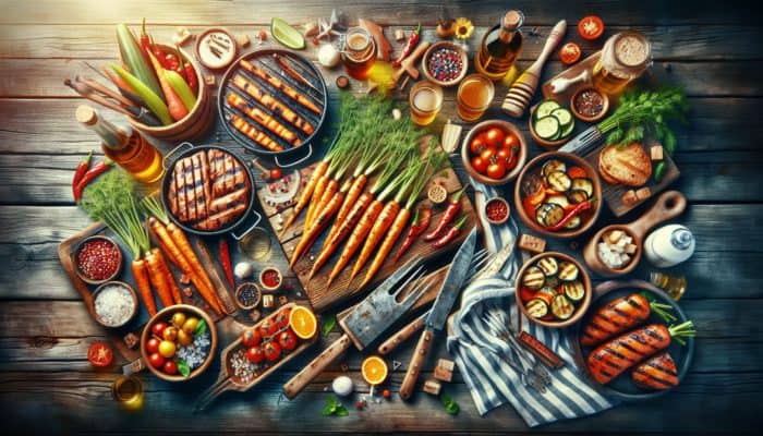 Vibrant orange carrots grilled, served with BBQ dishes on a rustic wooden table.