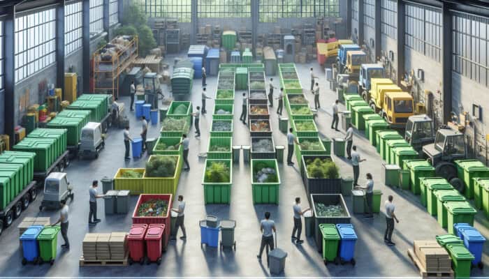 A house clearance team sorting garden waste into labeled bins at a recycling facility, highlighting eco-friendly practices.