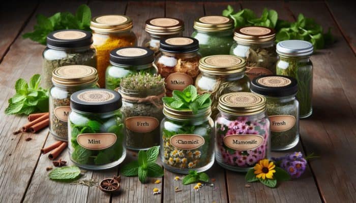 Herbal face masks in glass jars with fresh and dried herbs, sealed airtight on a wooden table with freshness labels.