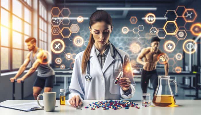 A scientist analyzing caffeine supplements with charts, athletes preparing for a workout in the background.