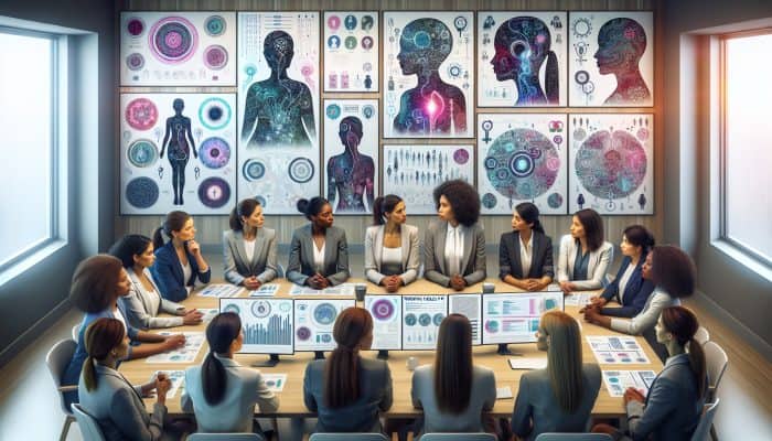 Diverse female health experts discussing strategies to combat stigma in women's health at a conference.