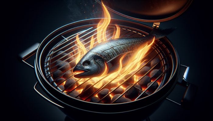 Fish searing on a hot grill at 450°F, crust forming, flames and glowing charcoal visible, lid closed.