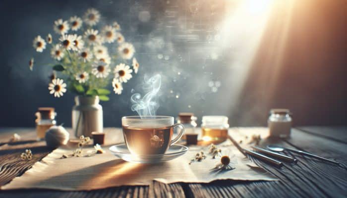 A cup of chamomile tea on a wooden table, surrounded by soft light and gentle steam, symbolising tranquility.