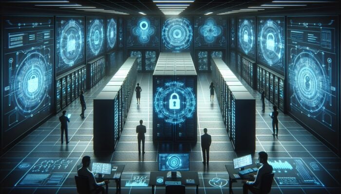 A secure server room with glowing encryption symbols, robust access controls, and experts updating security protocols.