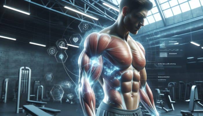 A muscular athlete in a gym, surrounded by charts showing HMB's benefits in muscle recovery and strength.