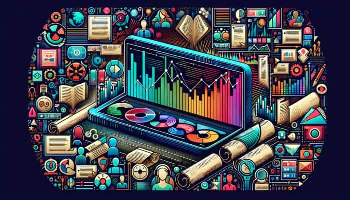 A digital screen with a graph showing increased bounce rates, surrounded by expert icons and various content types.