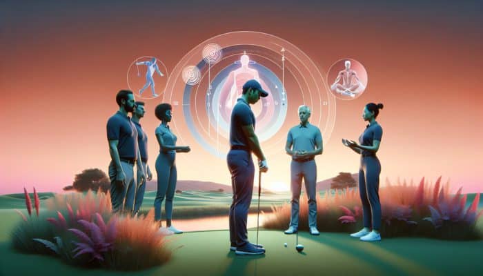 A golfer practicing balance exercises at sunset on a golf course, guided by professionals with visual aids.