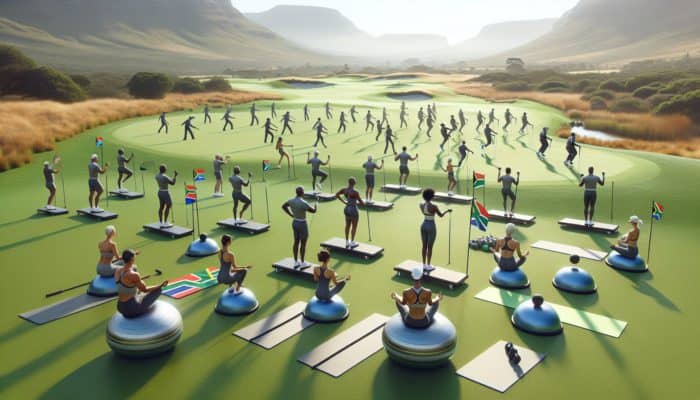 South African golfers using balance boards and Bosu balls on a golf course, practicing yoga and Pilates for enhanced stability.