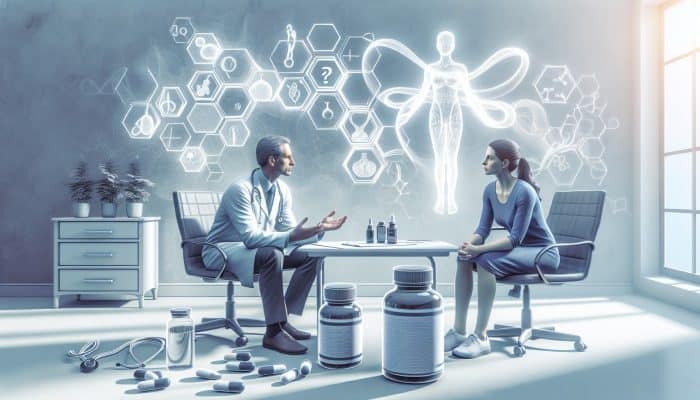 A doctor discussing testosterone test results with a patient in a serene office, surrounded by charts on hormone levels, supplements, and exercise plans.