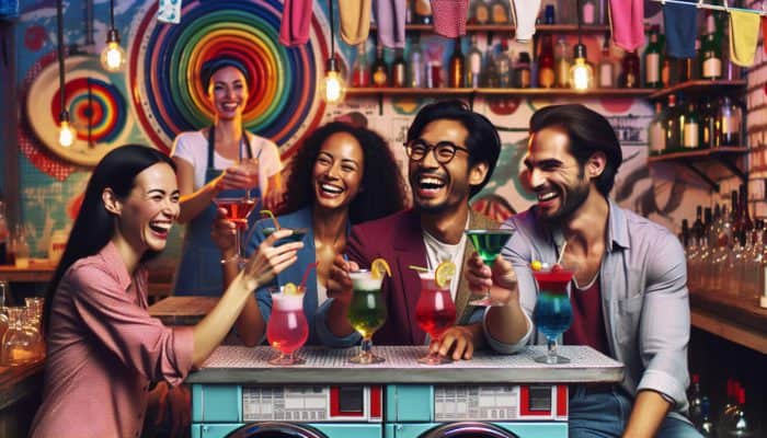 Group of friends enjoying colorful cocktails in a retro-themed laundry room bar during off-peak hours.