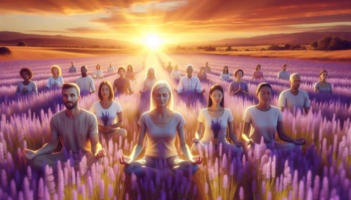 A serene lavender field at sunset with people meditating and smiling, uplifted by the gentle aura.