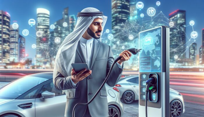 Individual using a touchscreen to locate charging stations for an electric rental car in an urban environment.