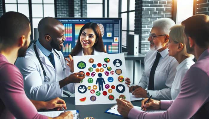 A diverse group consulting a dietitian about a customized nutritional plan in a modern office.
