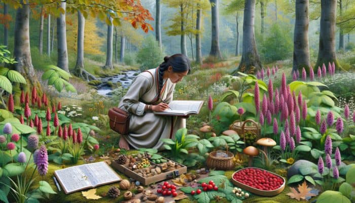 A person foraging in a temperate forest, observing and sampling ramps, surrounded by seasonal plants, documenting in a journal.