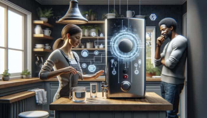 Technician installing tankless water heater in Delta, with 24/7 emergency service logo, educating homeowner in modern kitchen.