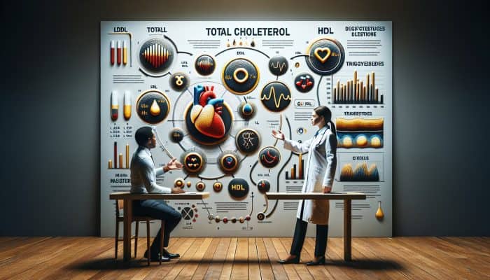 Infographic showing cholesterol test results with sections for total, LDL, HDL, triglycerides; healthcare professional explaining optimal levels to patient.