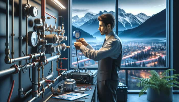 A certified professional performing annual backflow testing in a Whistler commercial building for safety and compliance.