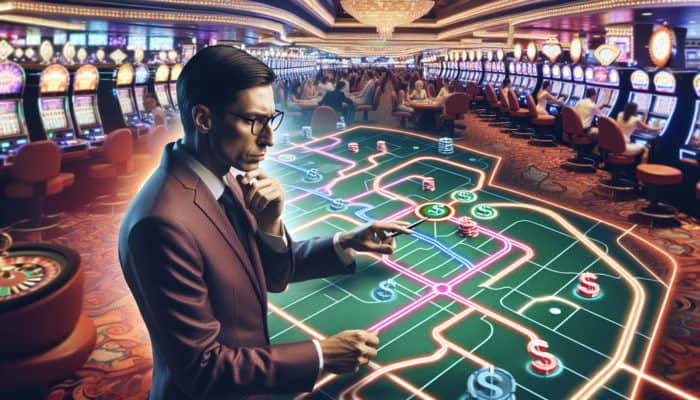 A gambler analyzing a casino floor map, focusing on high-payout slots and popular games amidst a lively casino setting.