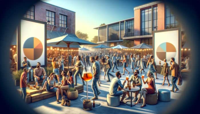 People enjoying craft cocktails and local cuisine at Velveteen Rabbit Arts District, surrounded by art and live music.