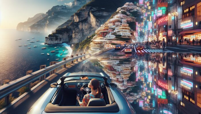 A traveler driving a convertible on the Amalfi Coast, with Tokyo streets in the mirror, feeling secure and free.