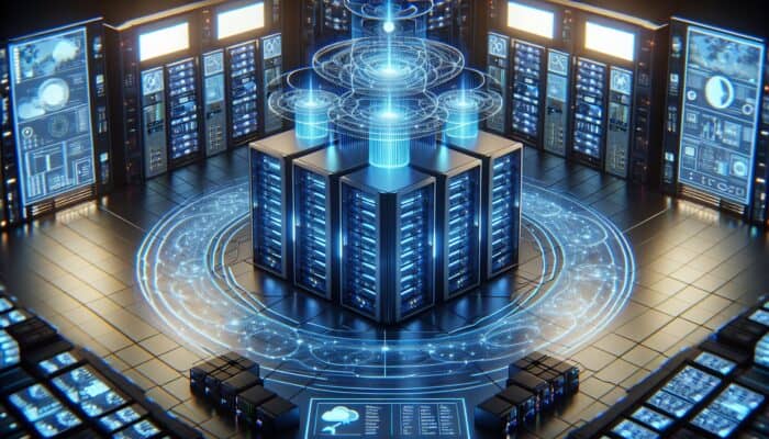 Futuristic data center with clustered servers, glowing blue connections, holographic monitors showing metrics and security.