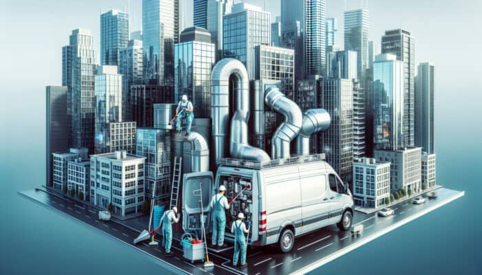 A modern duct cleaning van in Yaletown, Vancouver, with uniformed professionals cleaning a commercial duct system.