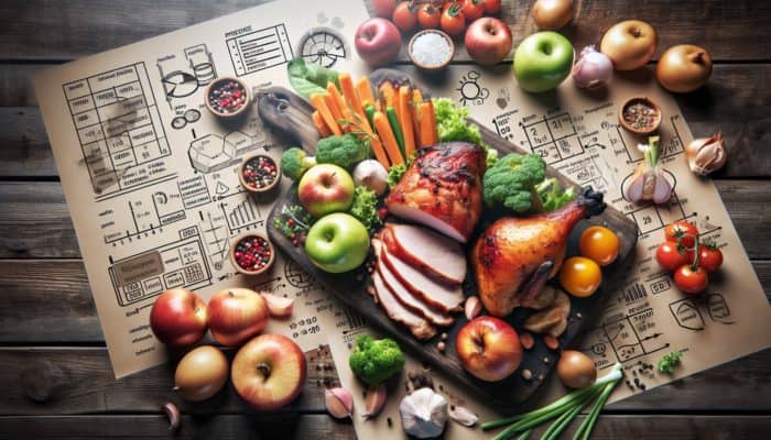 A gourmet meal of pork, chicken, and vegetables smoked with apple wood, presented on a rustic table.