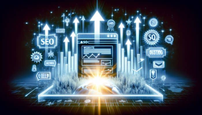 A glowing website with upward arrows and reputable logos, showing improved SEO rankings and increased traffic.